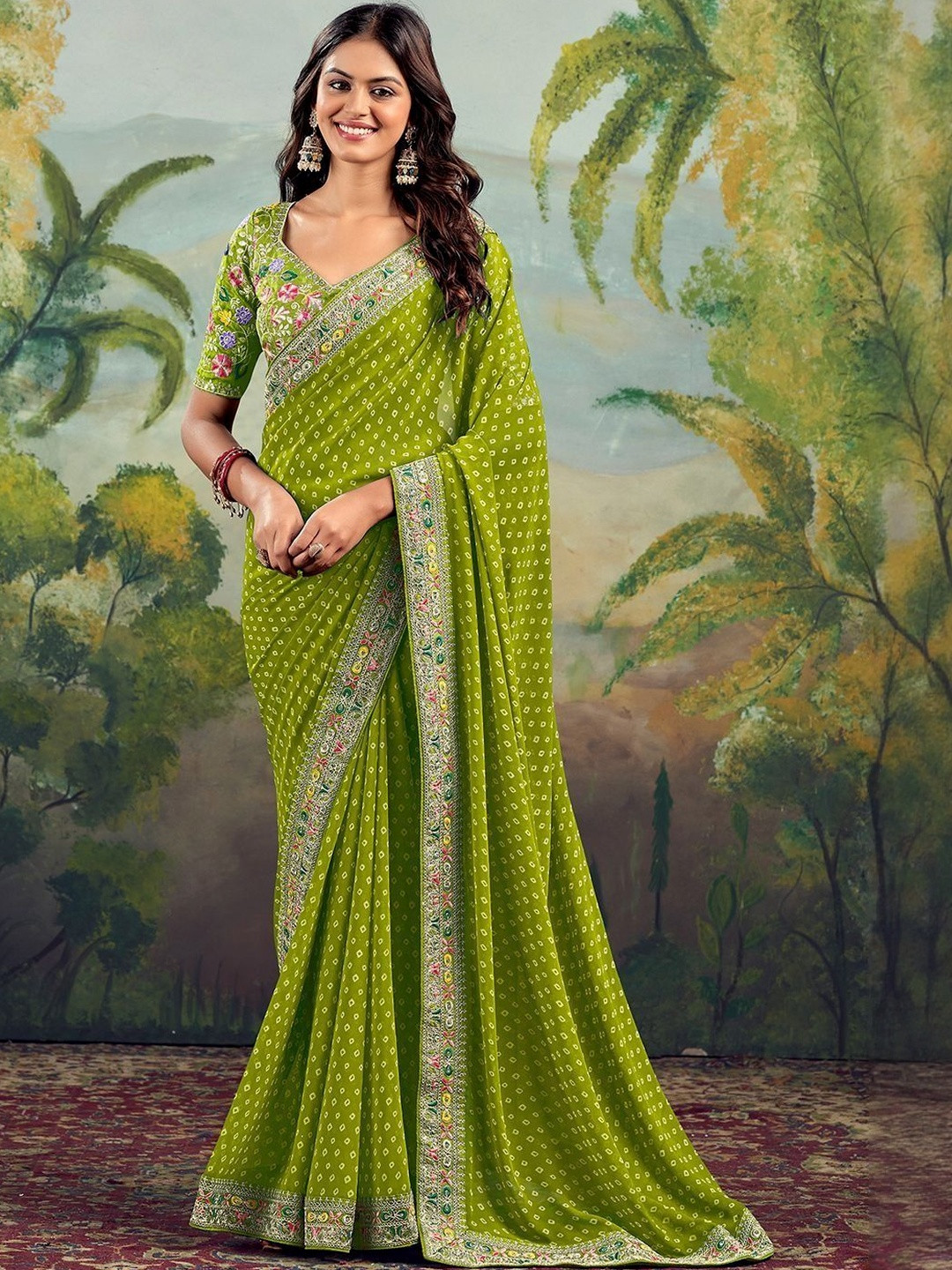 GEN Z TRENDS Bandhani Printed Embroidered Pure Georgette Bandhani Saree with Blouse Piece