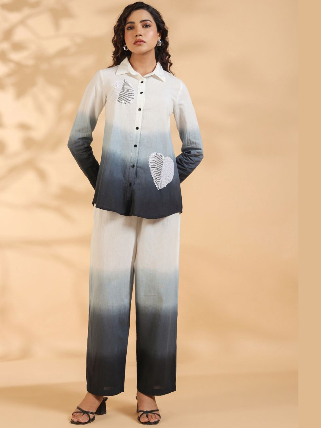 Kaftanize Women Navy Blue Leaf Patch With Sequence Work Co-Ords