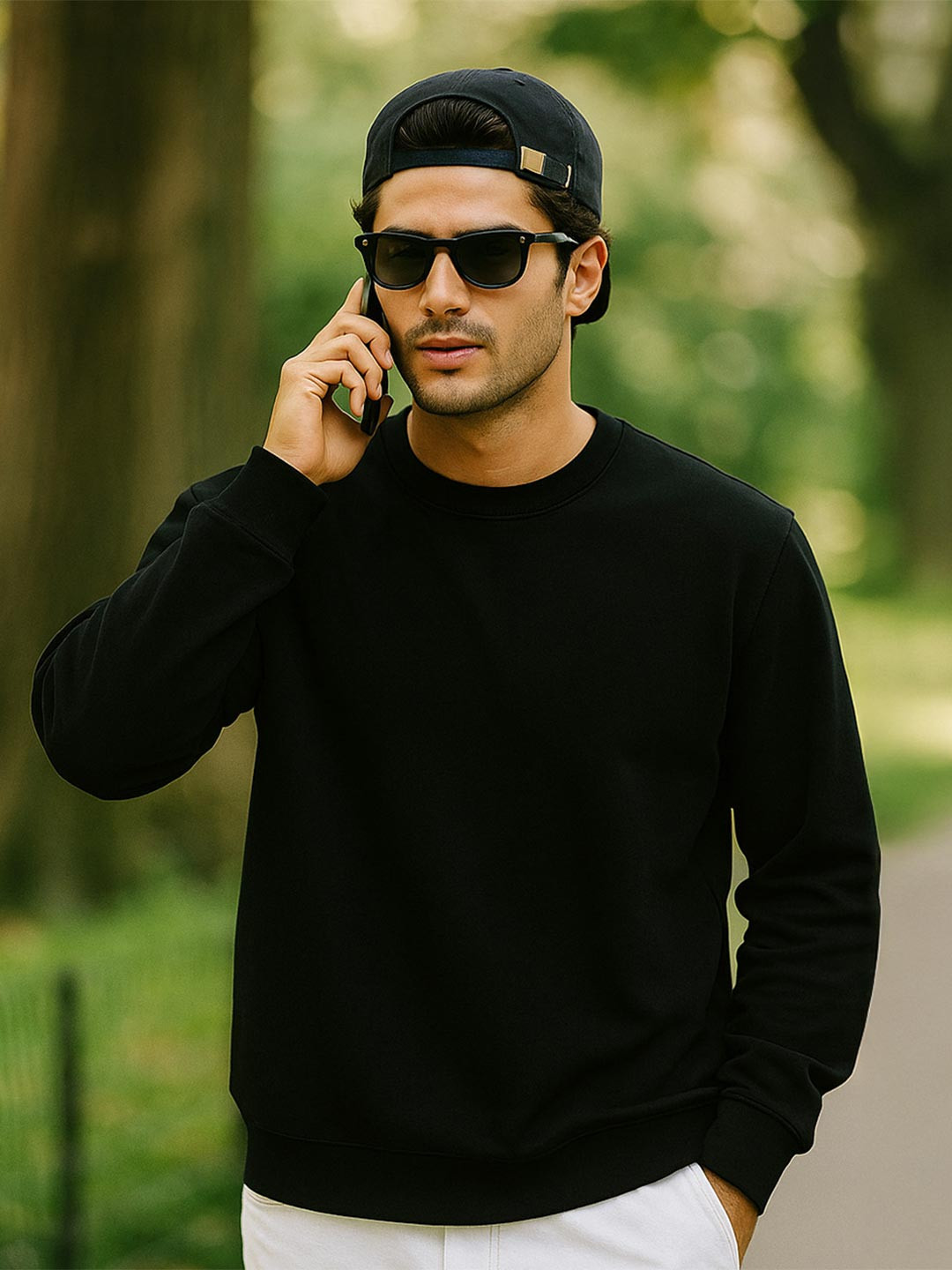 VEIRDO Men Black Soild Cotton Fleece Regular Fit Crew Neck Pullover Sweatshirt