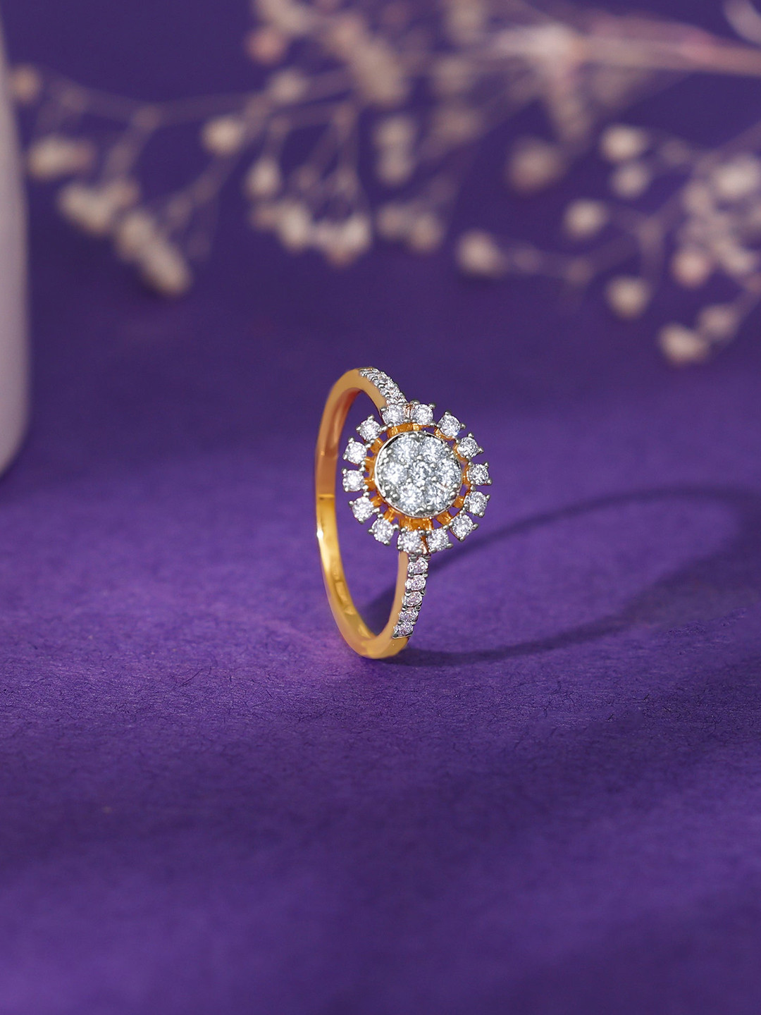 GIVA Women 18 Kt Gold Fiore Bloom Diamond Ring-2.2 gms