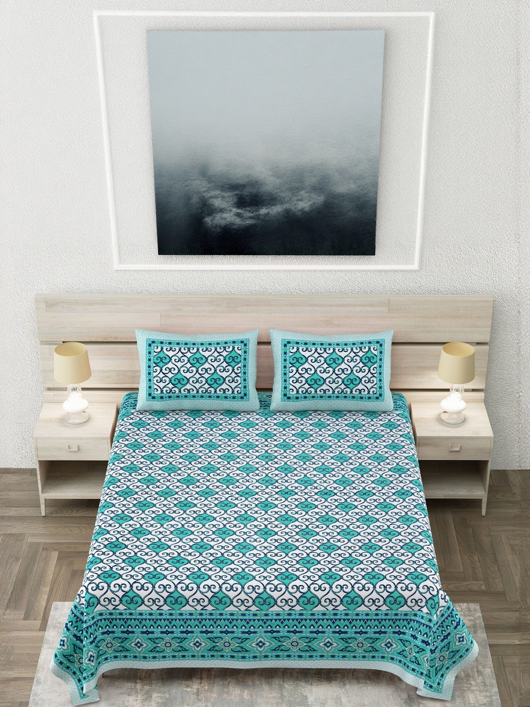 SP DESIGNS White & Green Floral Pure Cotton 240 TC Super King Bedsheet Set-2.74 m X 2.74 m