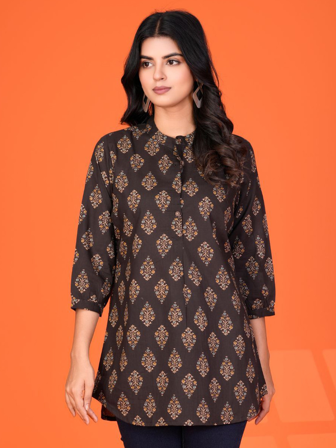 Kaftanize Women Dark Brown Handblock Print Short Kurti in Cotton Cambric