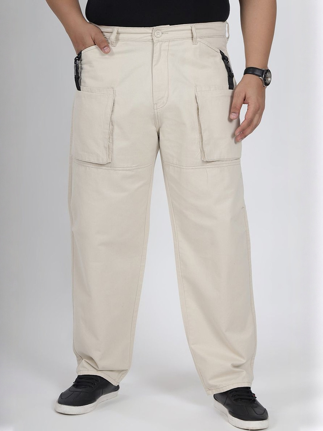Snitch Men Beige Mid-Rise Baggy Plus Size Cargo Pants