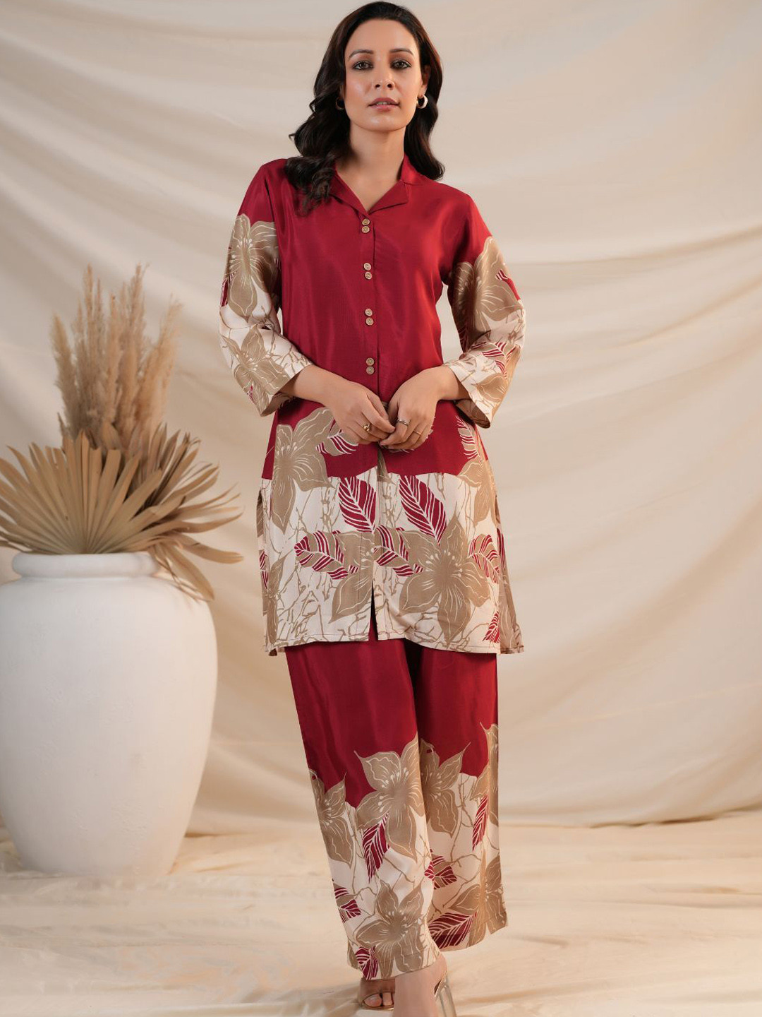 Kaftanize Floral Placement Printed Button Front Top With Trousers Co-Ords
