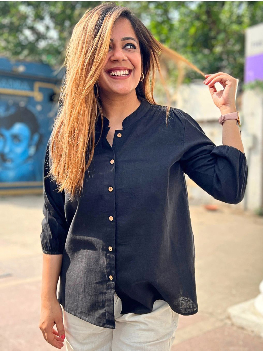 The Svaya Comfort Mandarin Collar Puff Sleeves Relaxed Fit Pure Cotton Casual Shirt