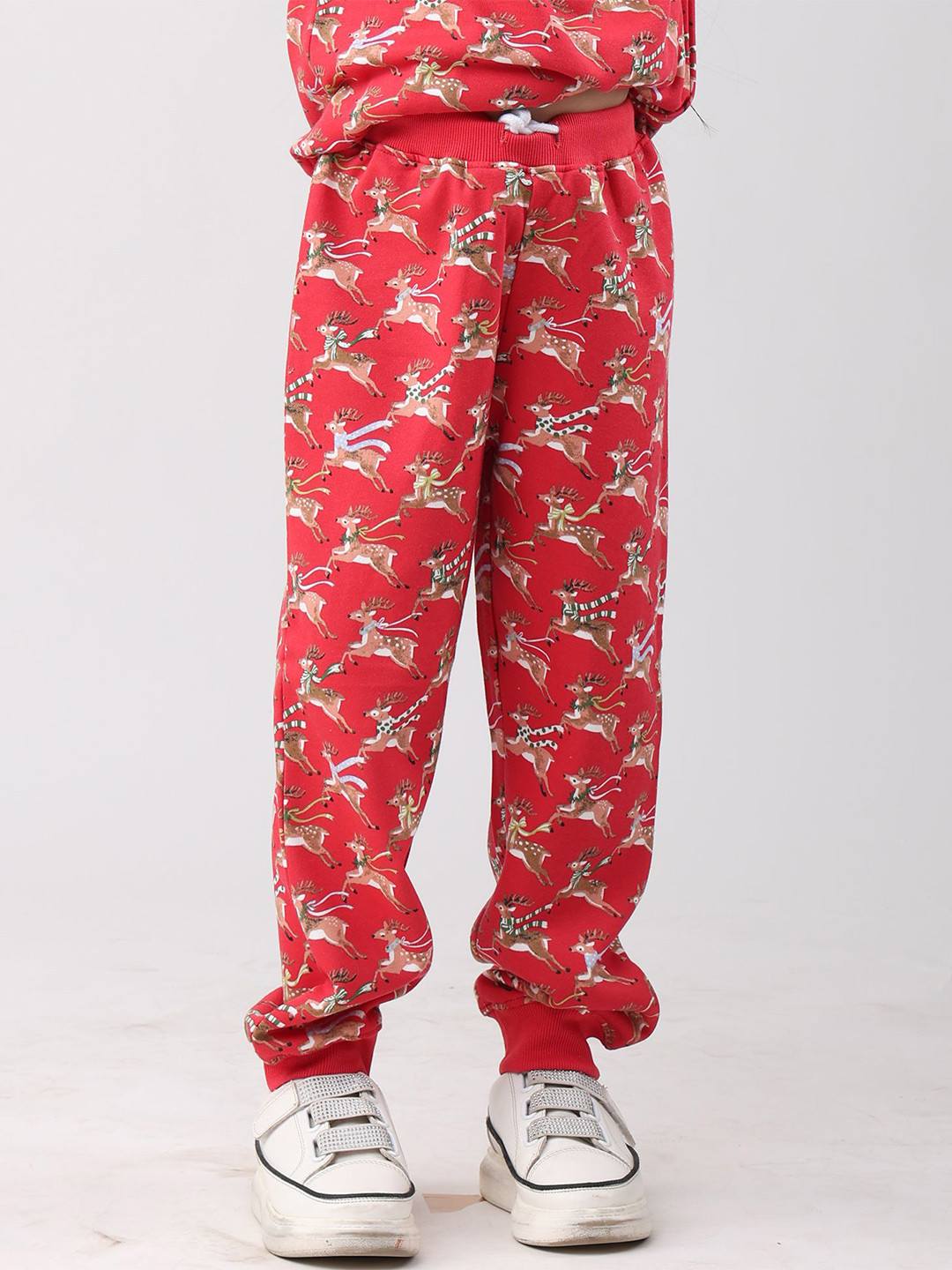 Anthrilo Girls Reindeer Printed Regular Fit Mid-Rise joggers
