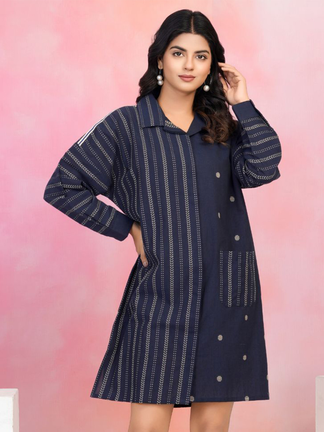 Kaftanize Women Navy Blue Jacquard Mini Shirt Dress
