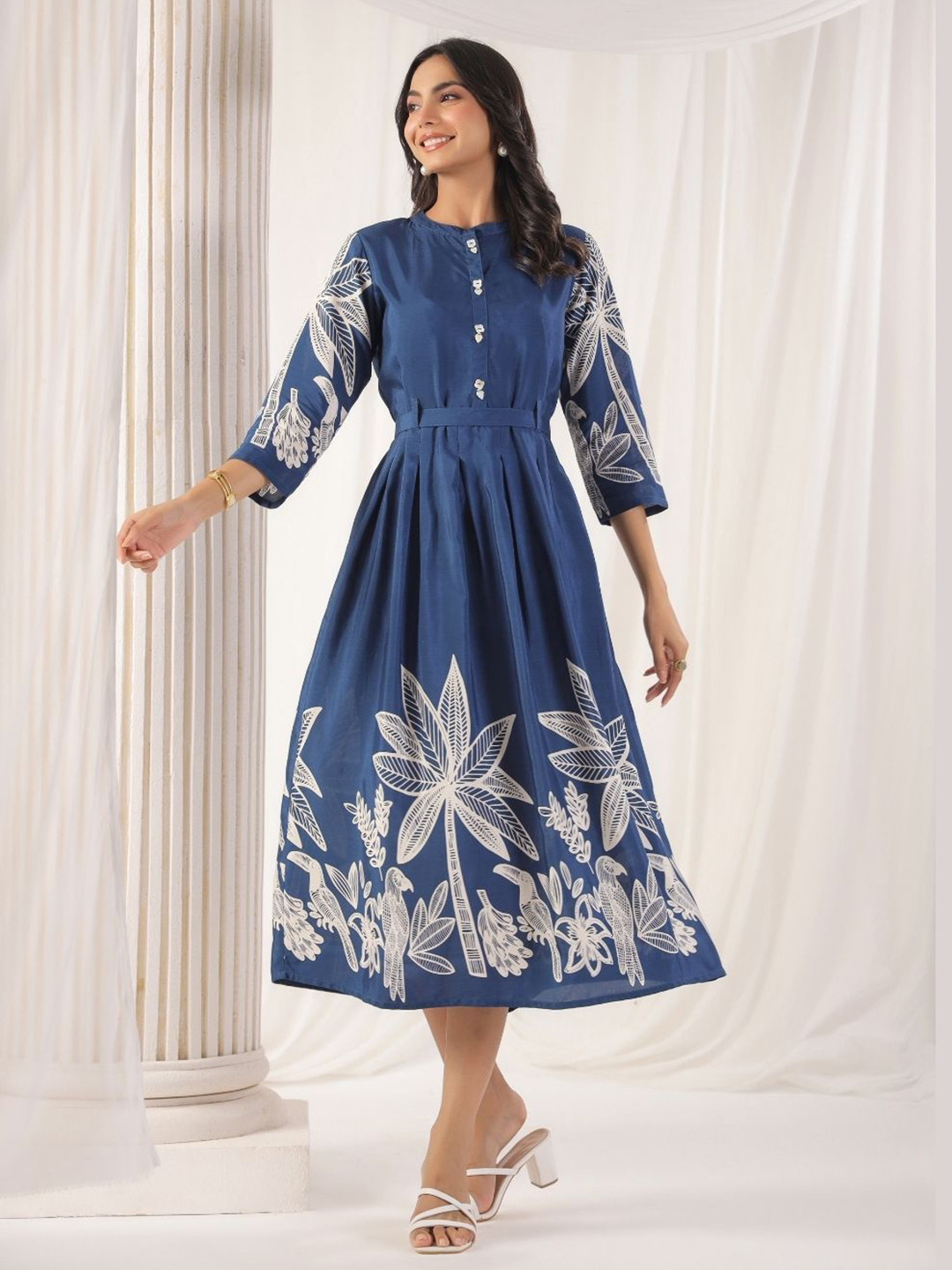 Kaftanize Women Cream Floral Printed Fit & Flare Midi Dress