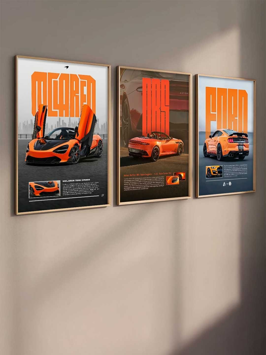 WALLLANE White And Orange 3 Pieces Wooden Sports Car Framed Wall Photographs
