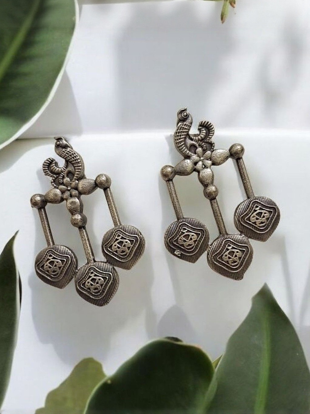 INDIAURA MODE Silver-Plated Animal Shaped Oxidised Drop Earrings