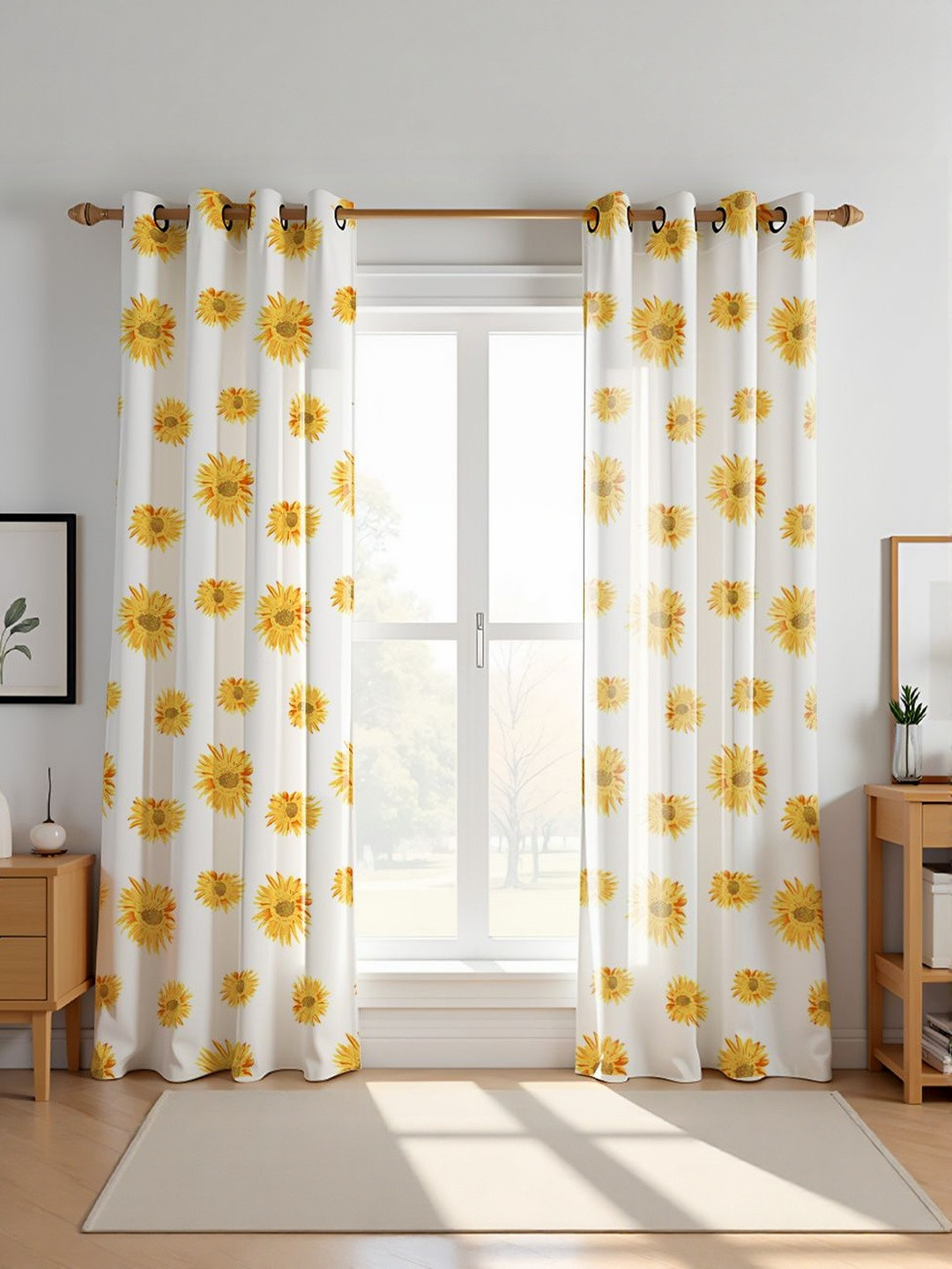 HOMEMONDE Yellow Pack of 2 Sunflower Printed Cotton Room Darkening Long Door Curtains