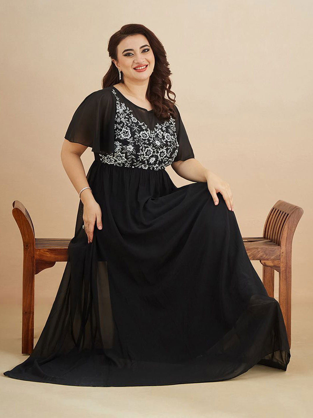 Miss Chase A+ Women's Black Embellished Gathered Maxi Dress