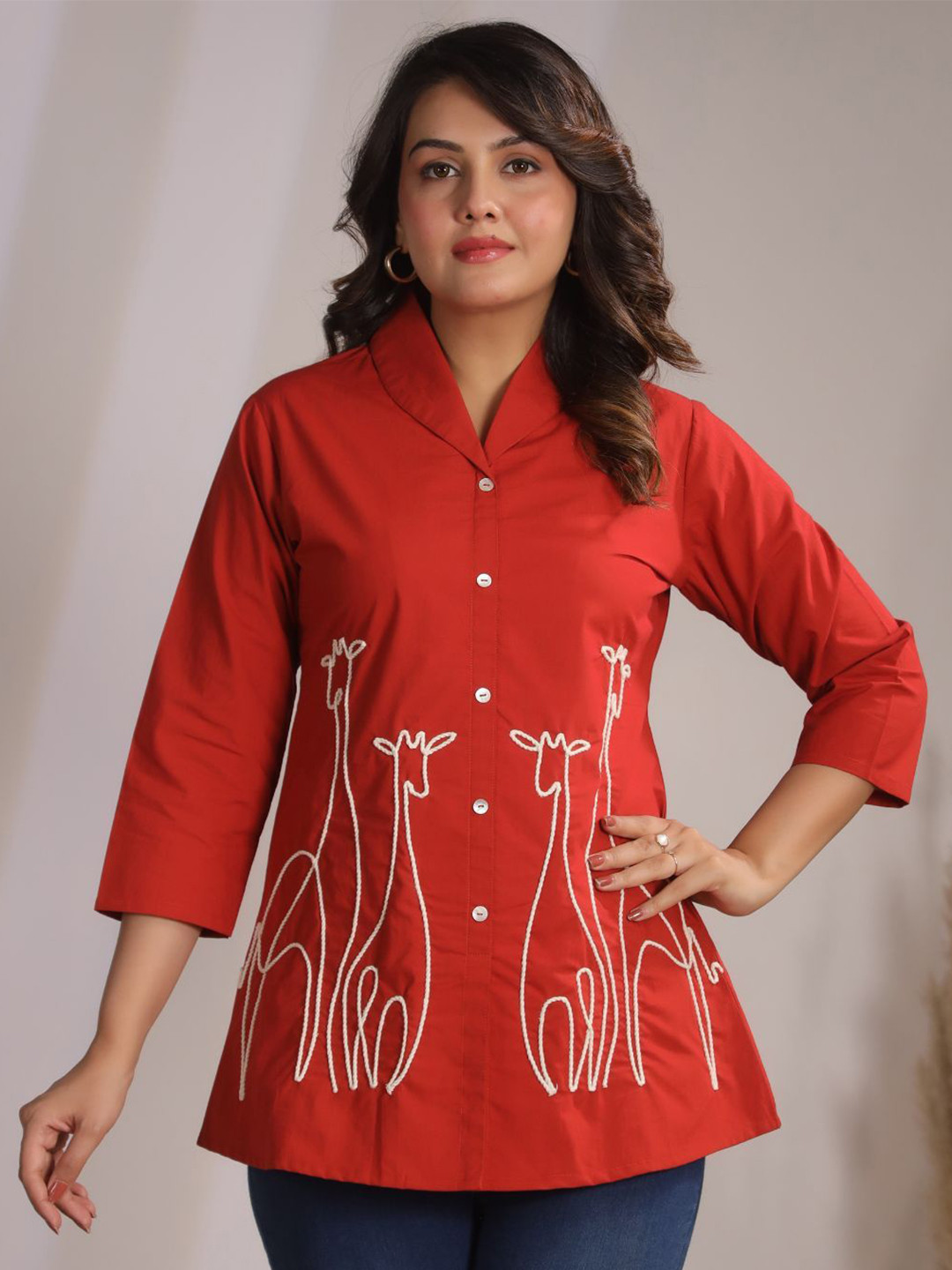 Kaftanize Women Bold Animal Motiff Cord Detail With Lapel Collar Tunic