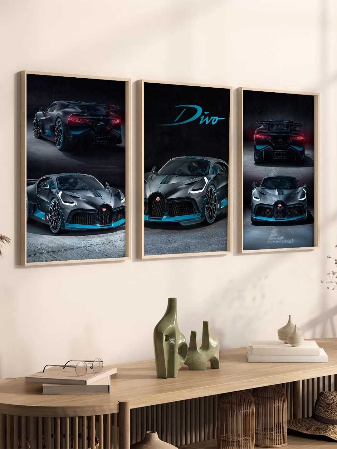 WALLLANE Black 3 Pieces Wooden Sports Car Framed Wall Photographs