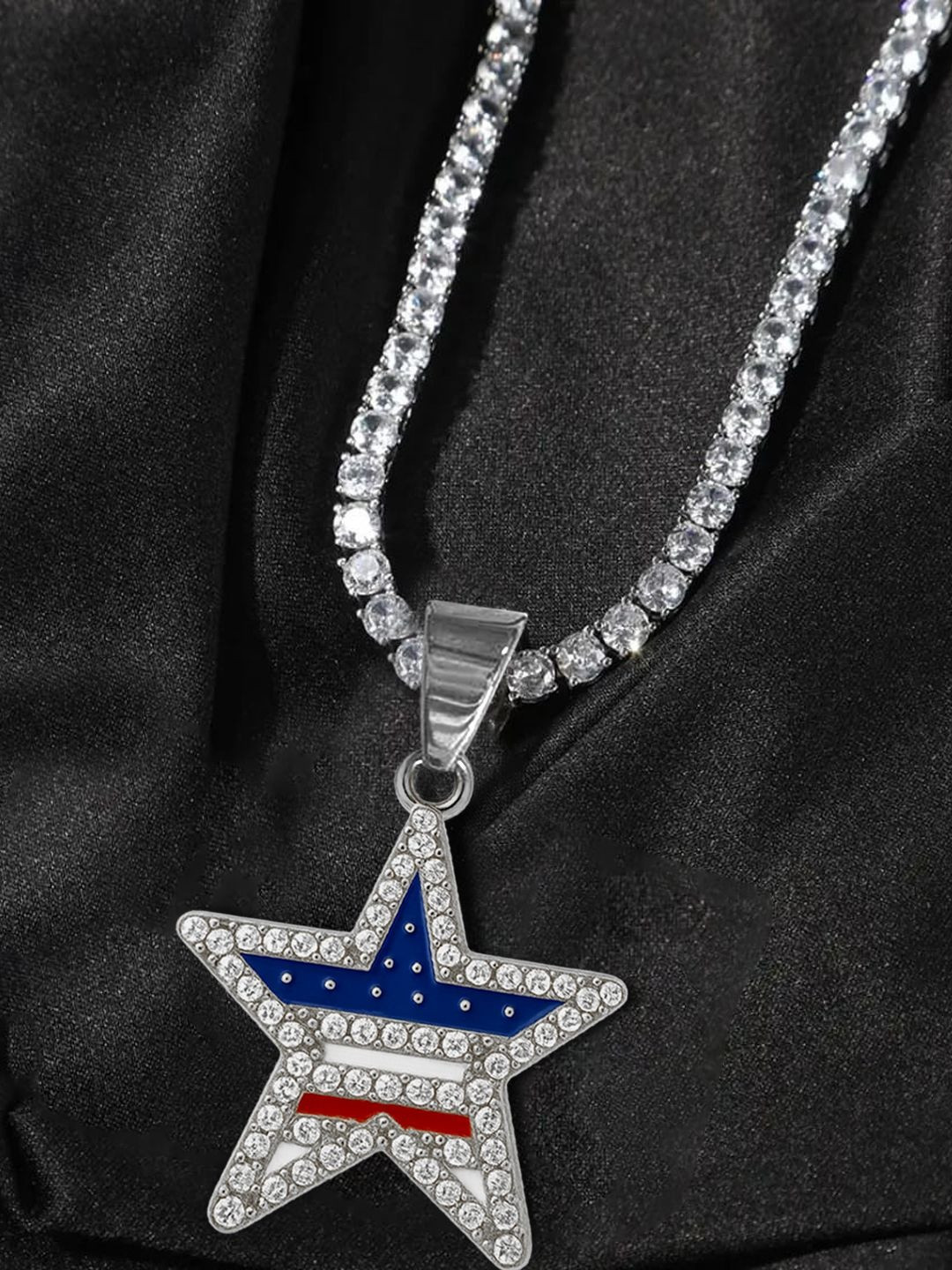 KRENOZ Men Stainless Steel Silver-Plated Rhinestone Studded Star Shaped Pendant With Chain