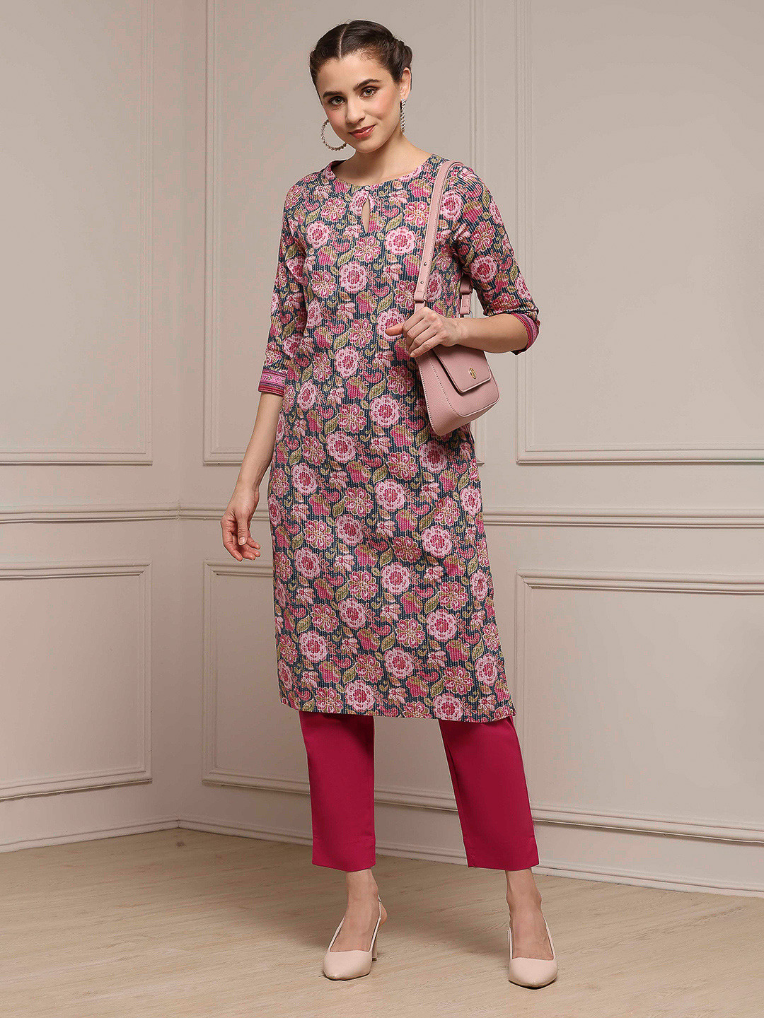 Biba Floral Printed Keyhole Neck Cotton A-Line Kurta