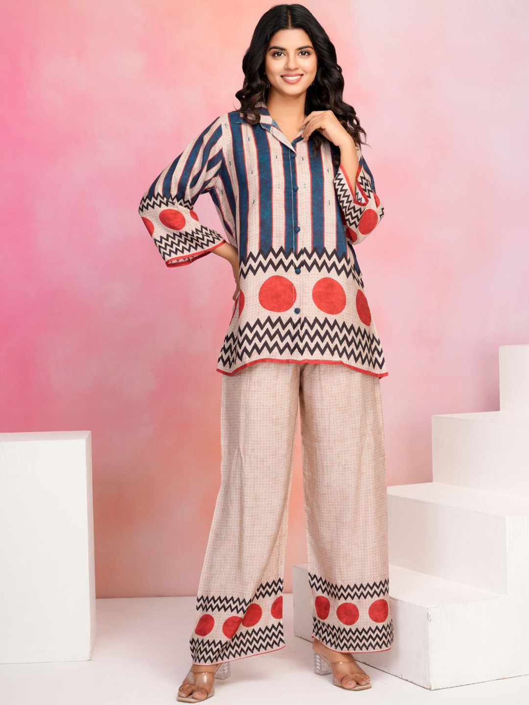 Kaftanize Polka Stripes Top & Trouser Co-Ord Set