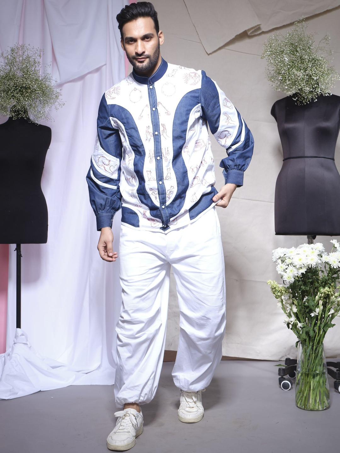 ECHKE Printed Mandarin Collar Shirt With Joggers