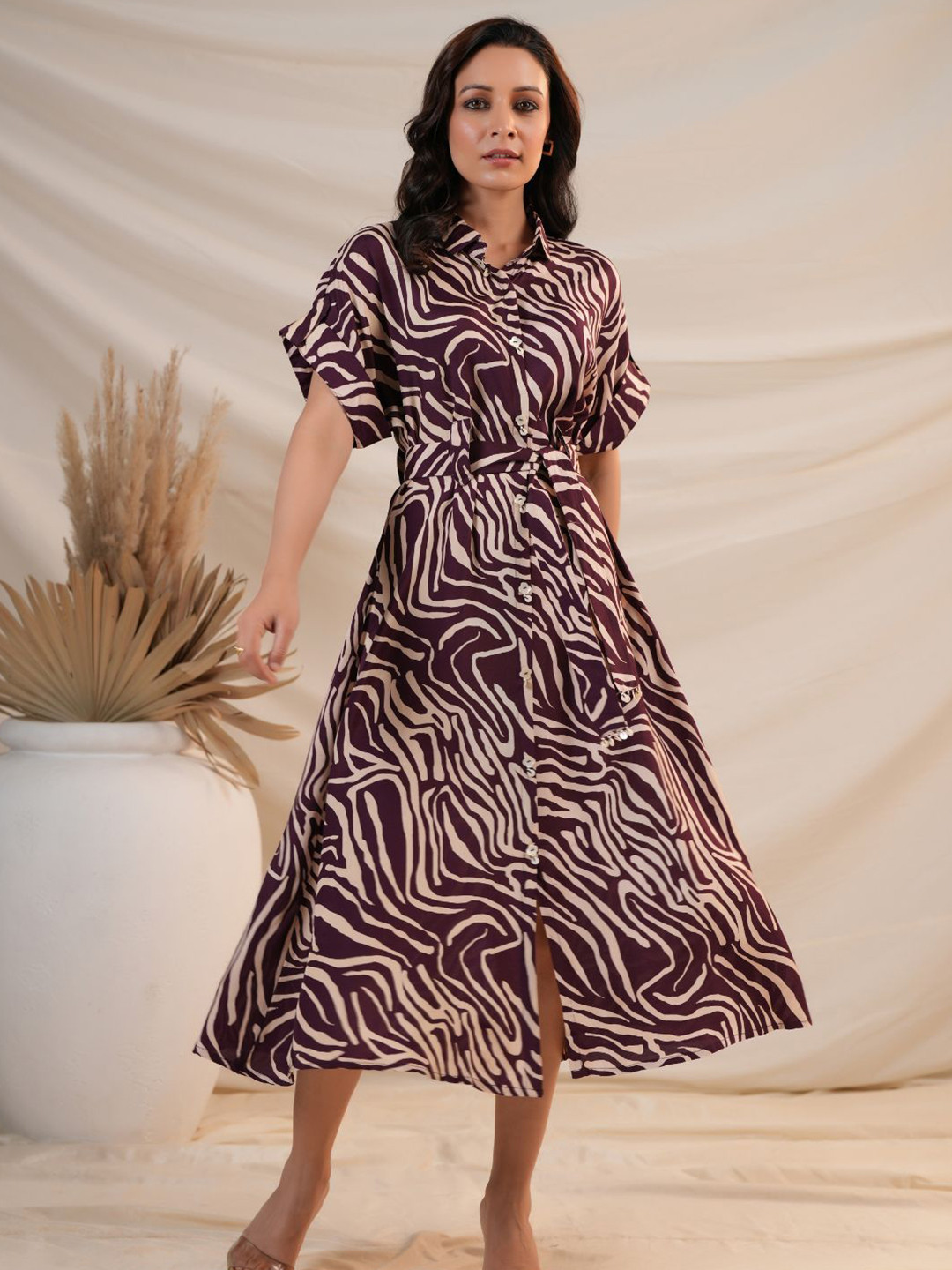 Kaftanize Animal Print Velvet Shirt Dress