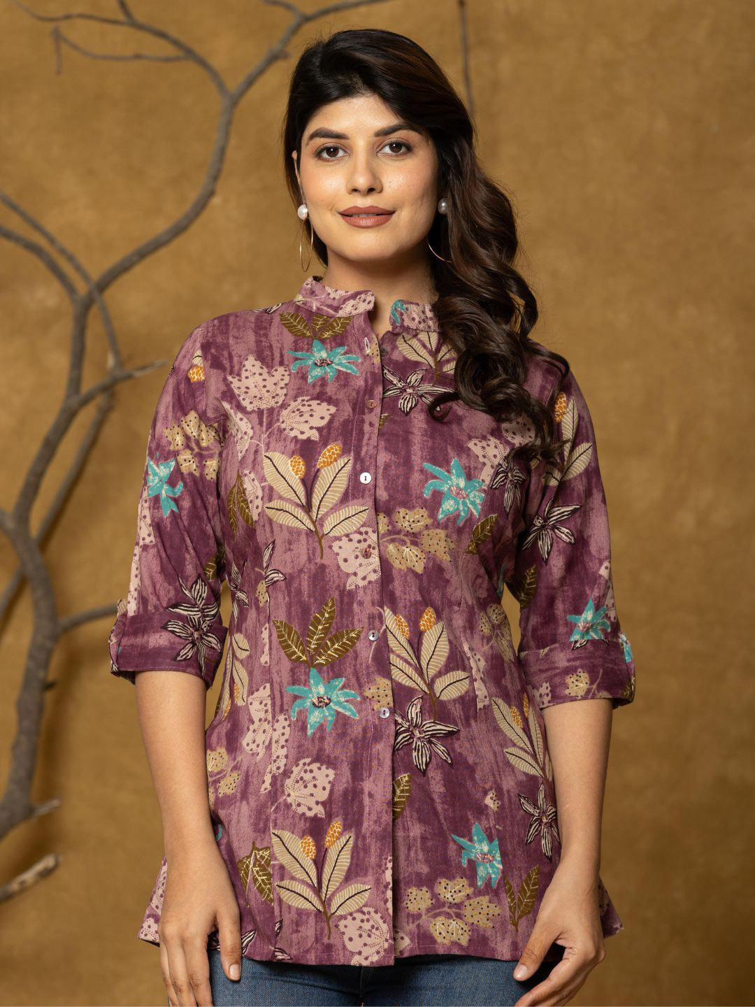 Kaftanize Leaf & Floral Printed Top in Mauve Color Rayon