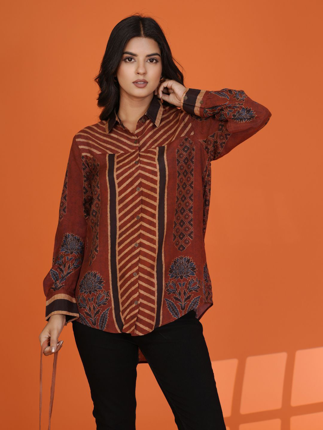Kaftanize Rust Abstract Printed Shirt with Asymmetric Hem in Muslin
