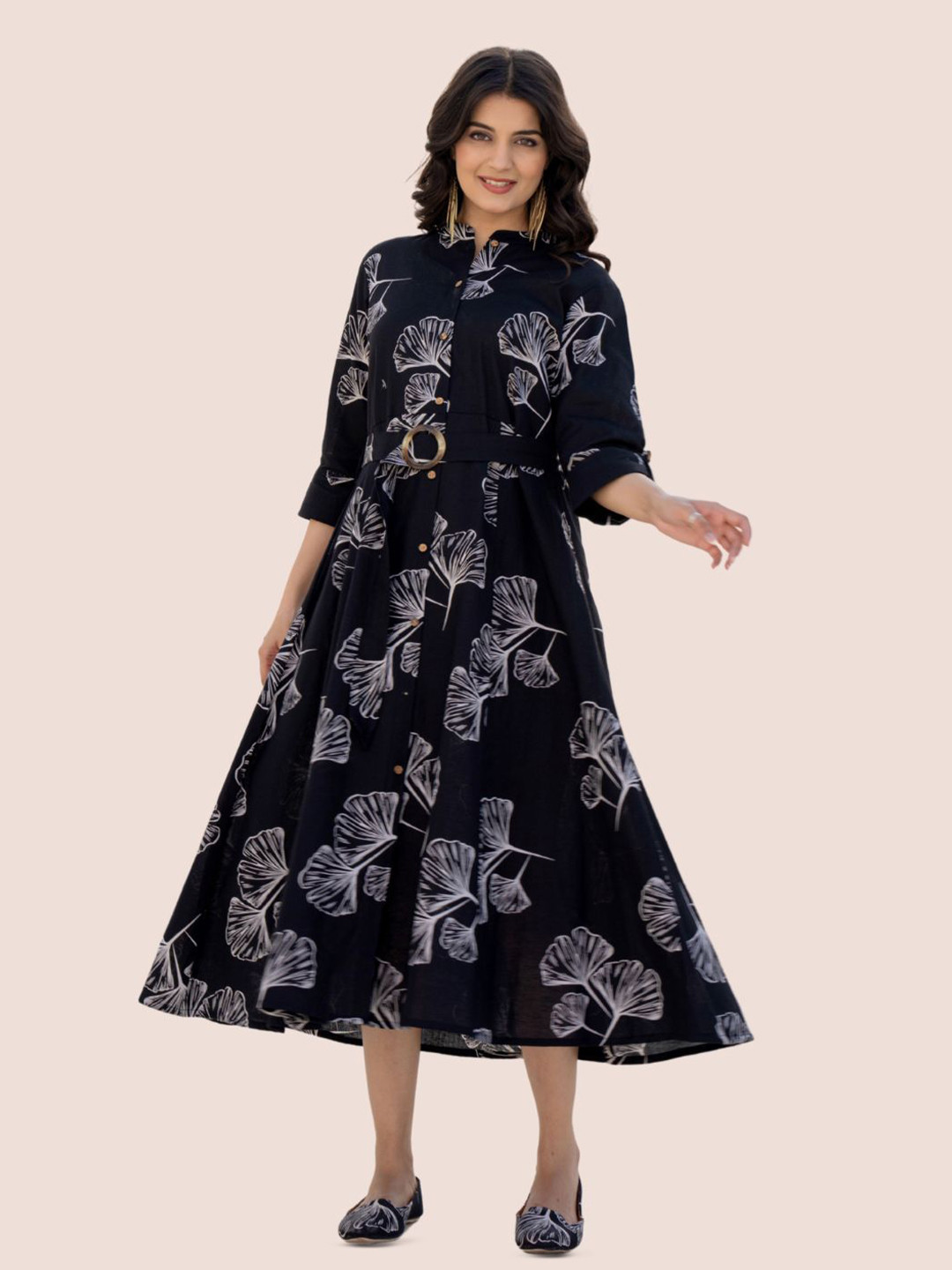 Kaftanize Women Black Bold Ginkgo Leaf Printed Fit-Flare Midi Dress In White Viscose