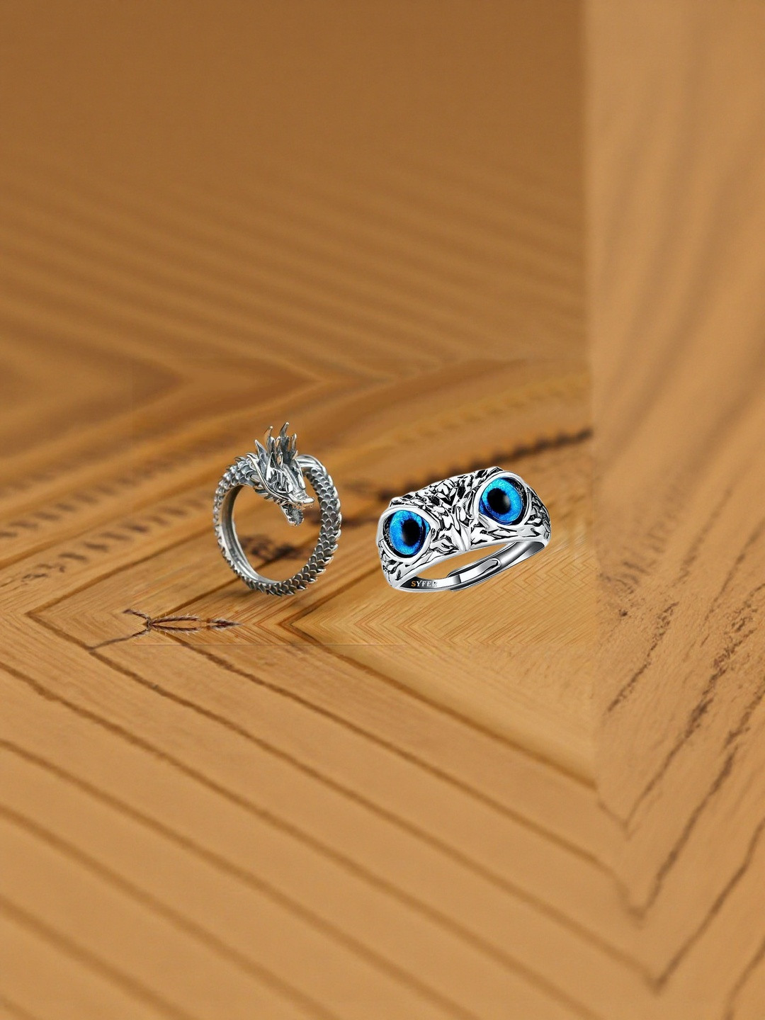 J.S ENTERPRISES Unisex Set of 2 Stainless Steel Oxidised Dragon & Owl Finger Rings