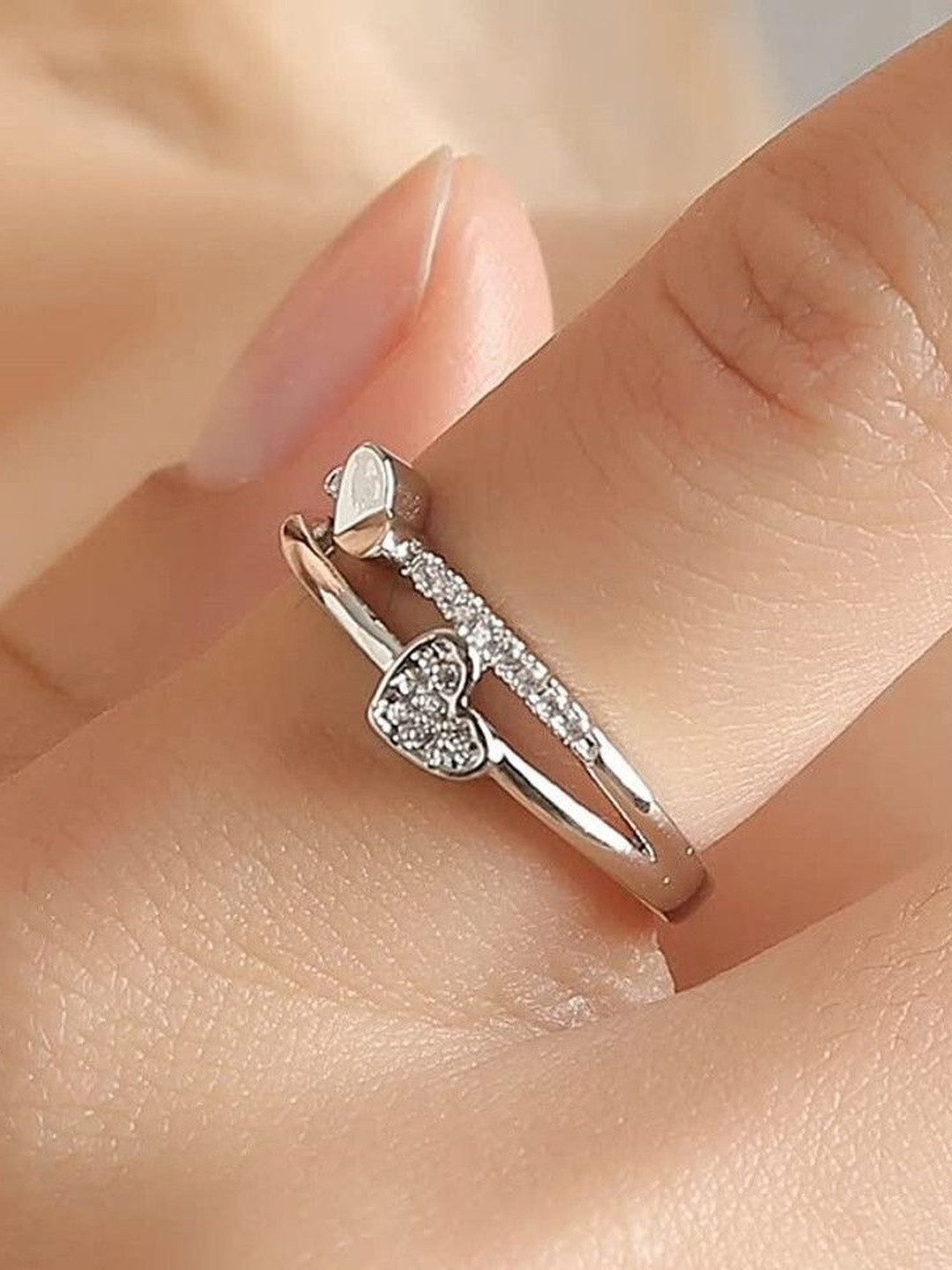 J.S ENTERPRISES Unisex Stainless Steel Artificial Stones Studded Heart Motif Finger Ring