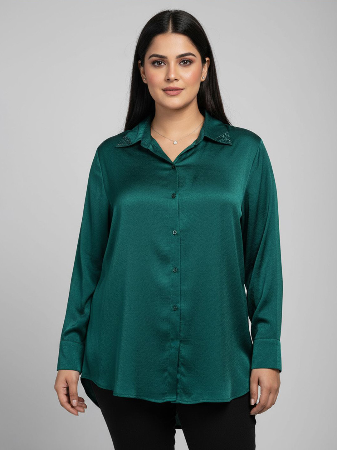 Qurvii Women Comfort Fit Sequin Embellished Satin Casual Shirt