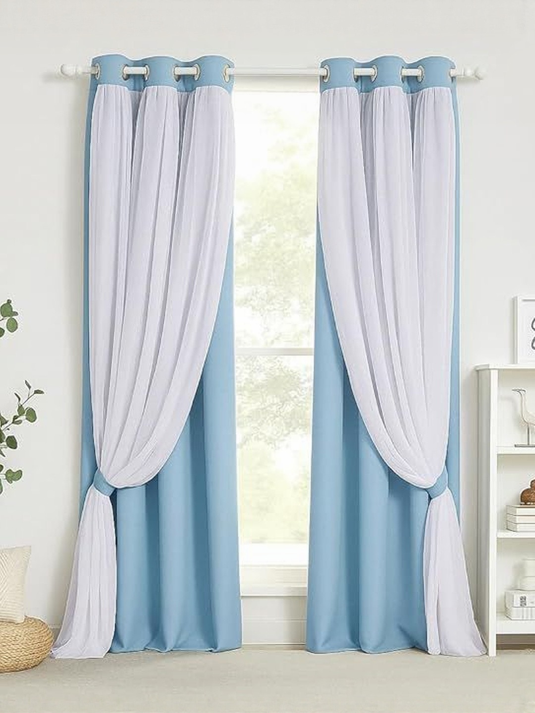BFAM Blue And White 2 Pieces Black Out Long Door Curtain