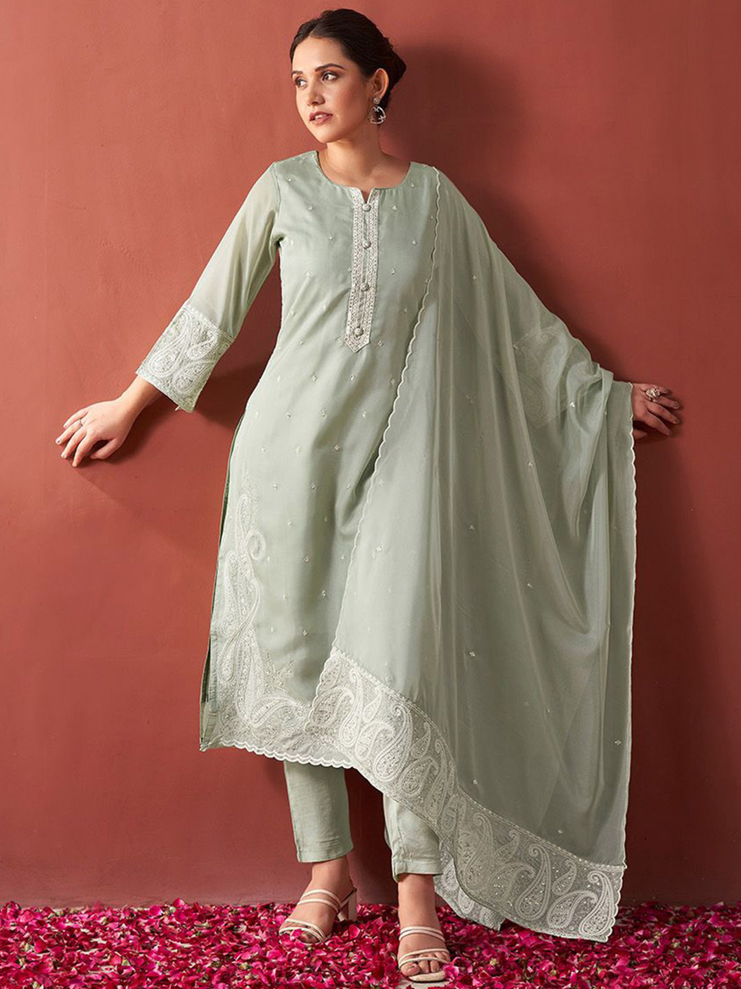 Kaftanize Floral Embroidered Straight Kurta With Trouser & Dupatta