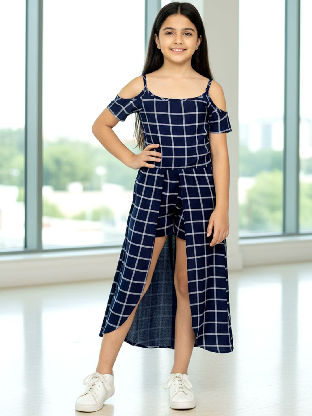 Naughty Ninos Girls Checked Cold-Shoulder Playsuit