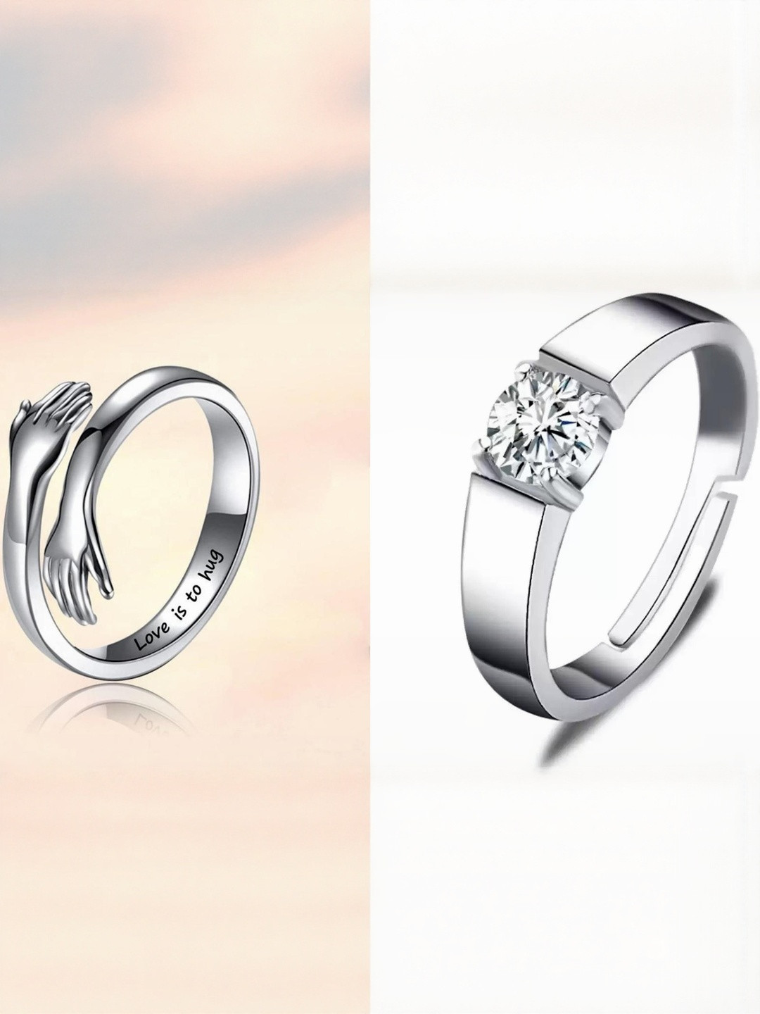 J.S ENTERPRISES Unisex Set of 2 Stainless Steel Hug Design & Stone Finger Rings