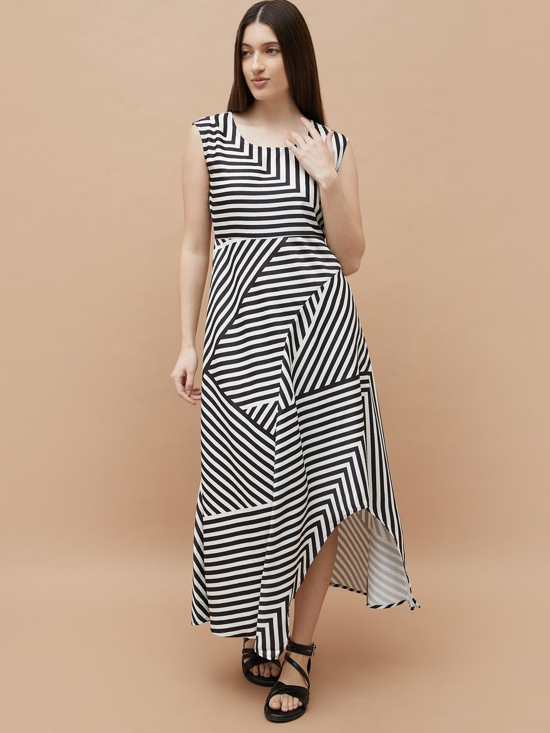 CODE by Lifestyle Women Striped Gathered Monochrome Sleeveless Fit and Flare Midi Dress