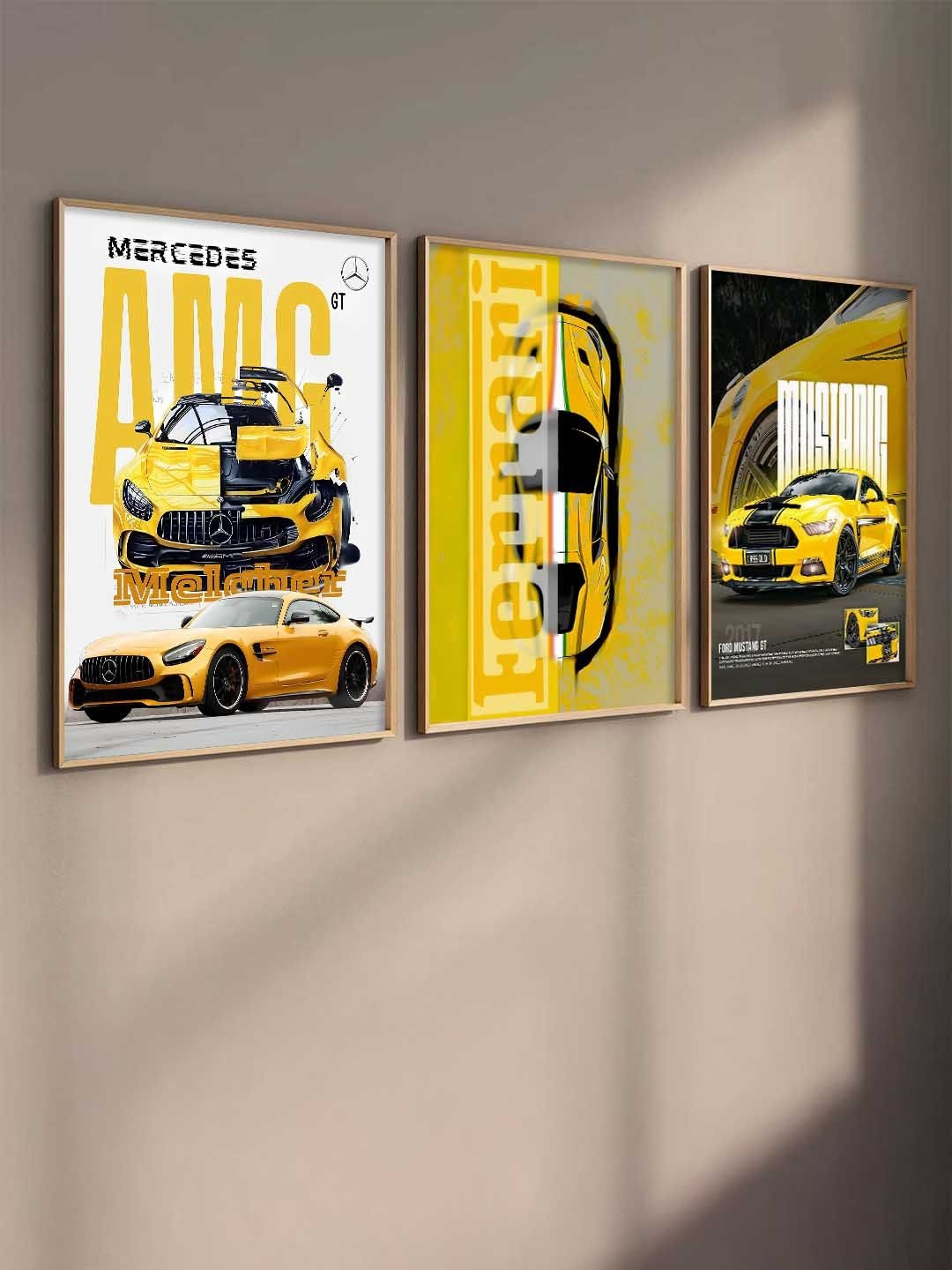 WALLLANE Yellow And Black 3 Pieces Wooden Sports Car Framed Wall Photographs