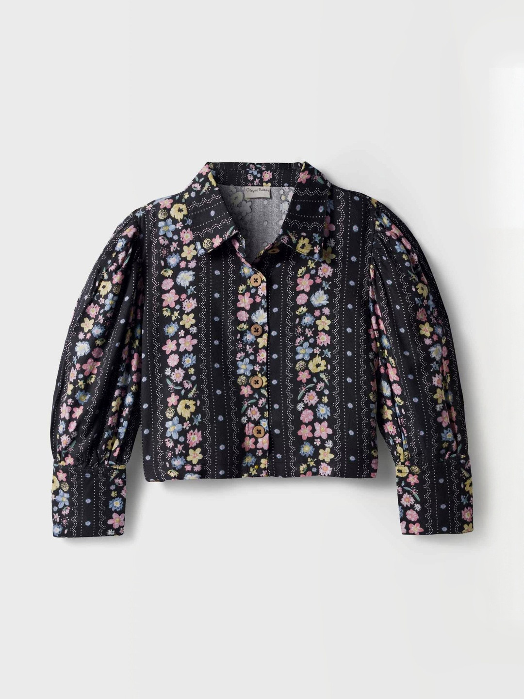 CrayonFlakes Girls Floral Printed Collar Neck Full Sleeves Cotton Top