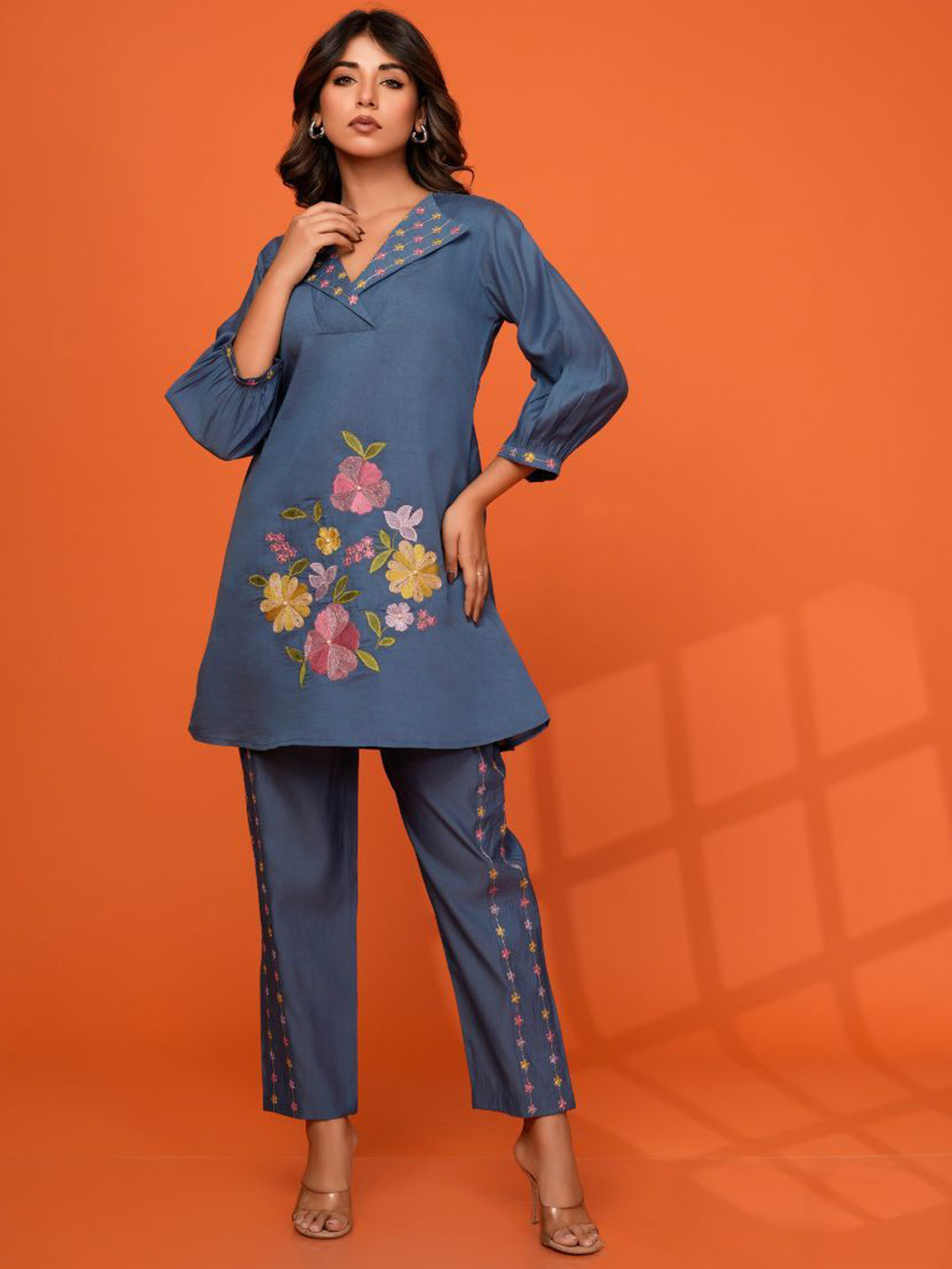 Kaftanize Steel Blue Multicolor Floral Embroidered Co-ord Set In Roman Silk