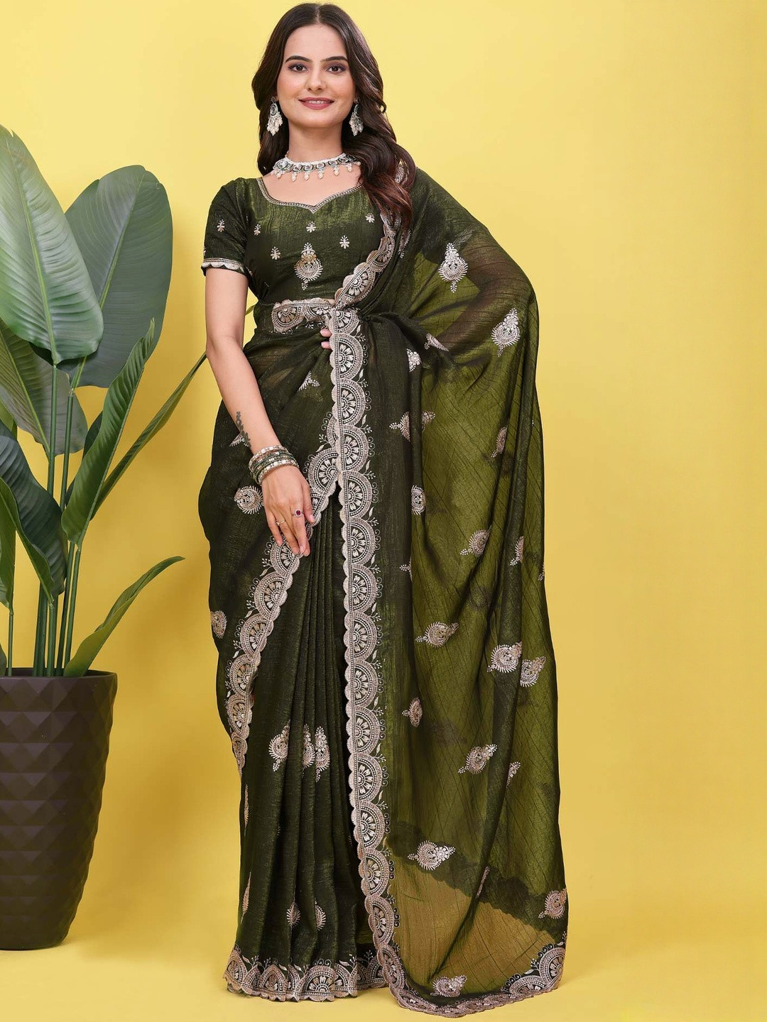 PARROT CREATION Ethnic Motifs Embroidered Silk Blend Saree