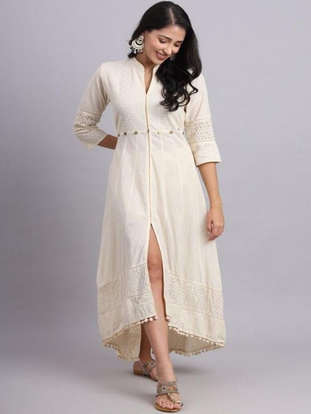 Lenims Women Embroidered Pure Cotton Mandarin Collar Fit-Flare Dress