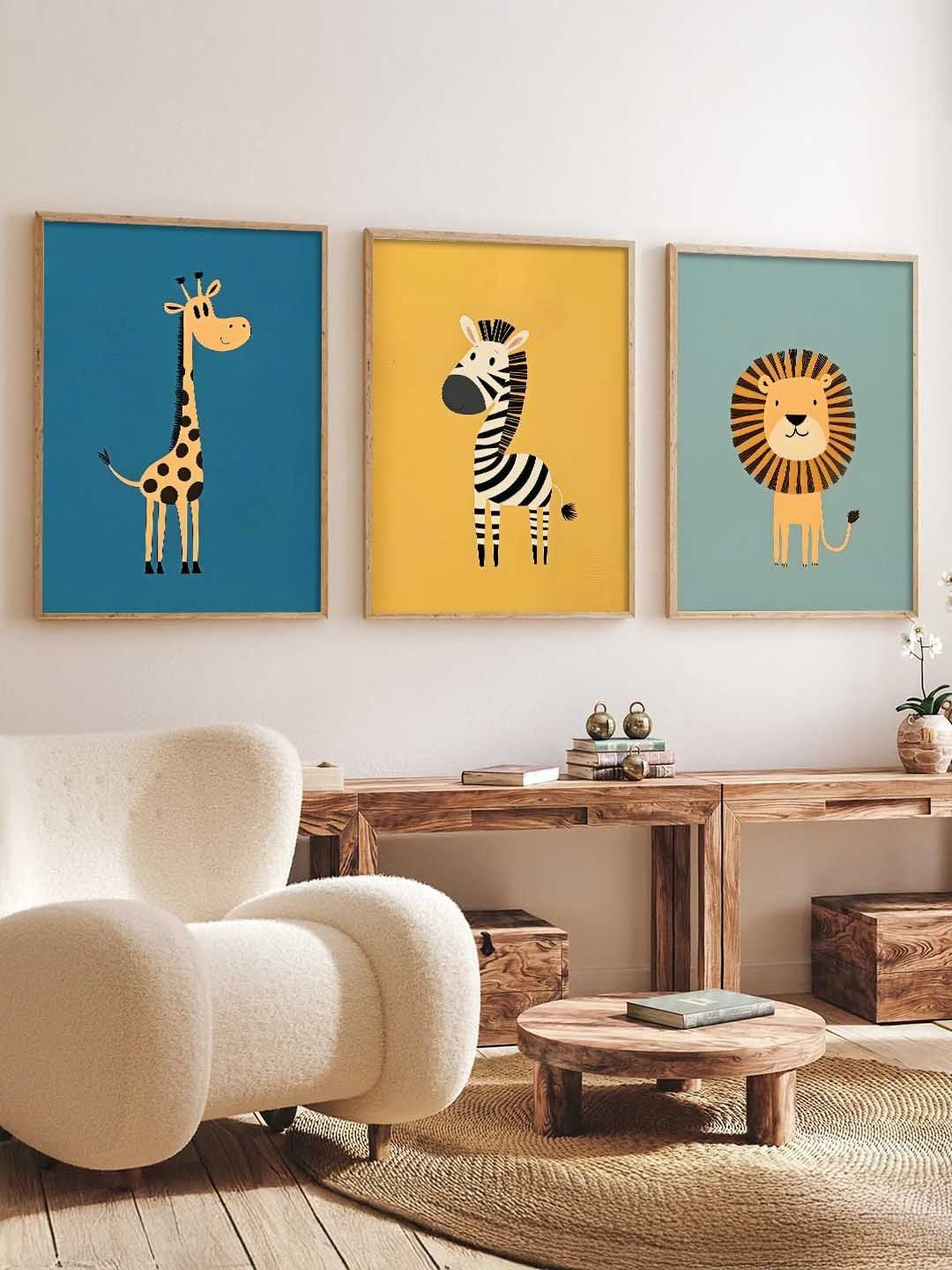 Kotart Blue & Yellow 3 Pieces Cartoon Art Framed Wooden Rectangle Wall Arts-13X17 Inch