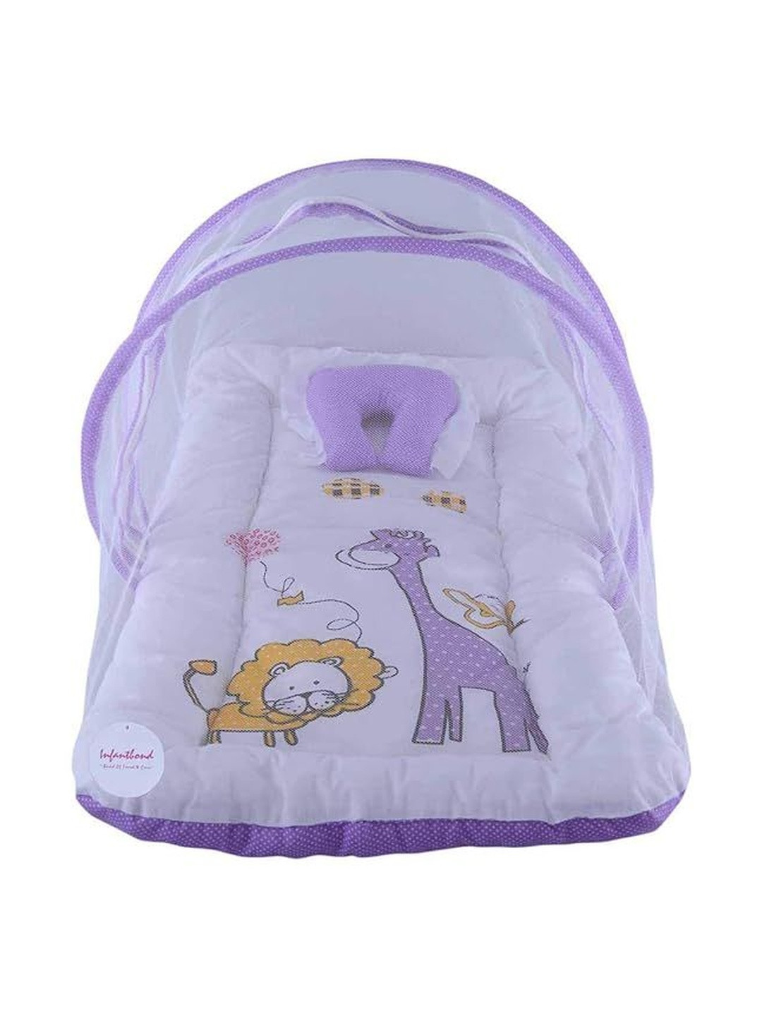 Fareto Infants White & Purple Printed Pure Cotton Foldable Baby Bed Set