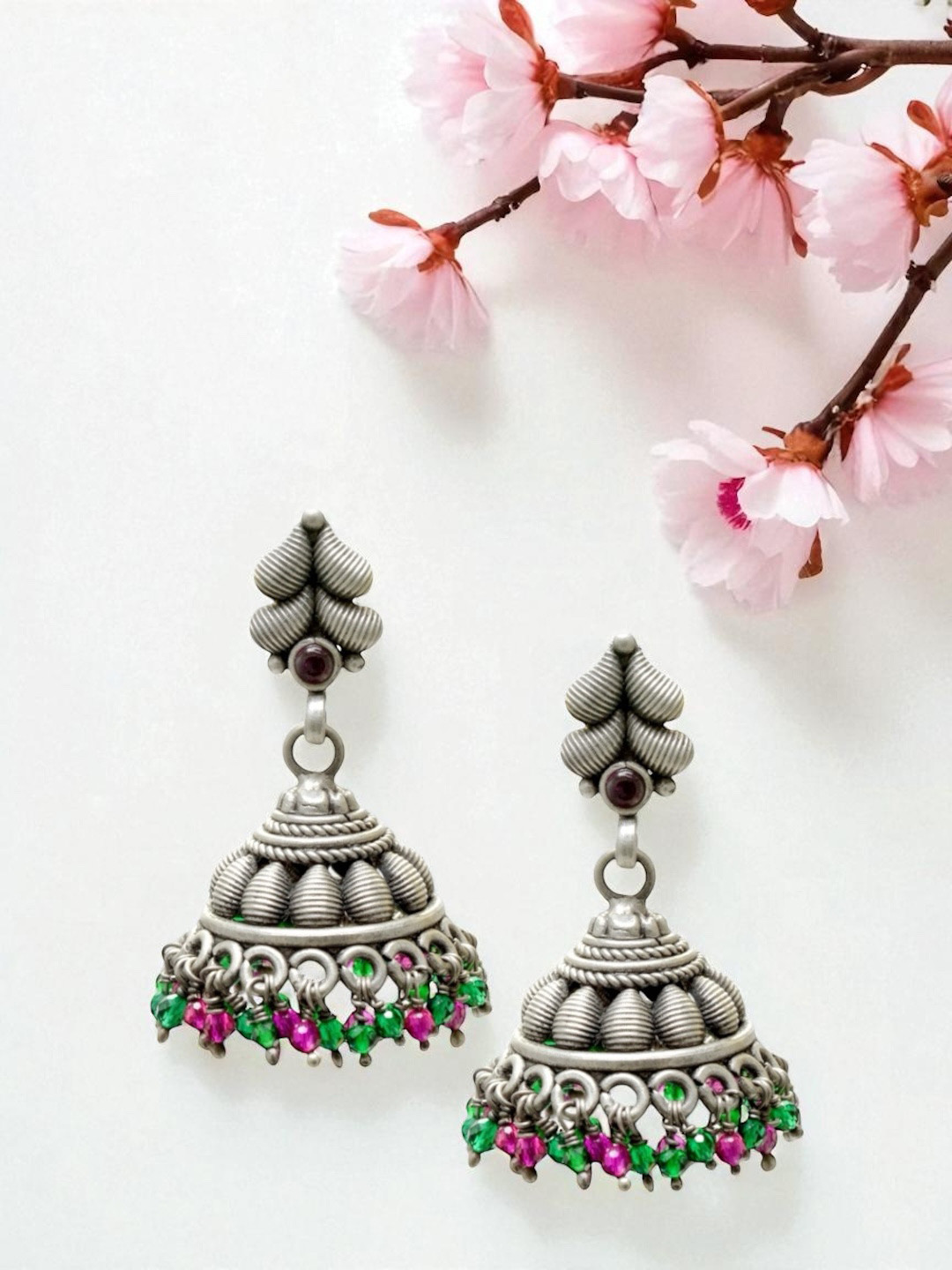 Azita 925 Sterling Silver Artificial Beaded Dome Shaped Jhumkas