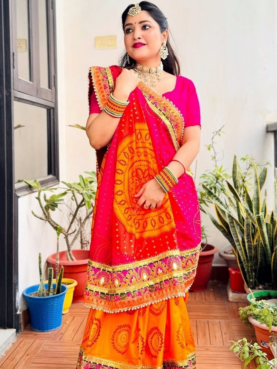 KALINI Bandhani Embroidered Art Silk Lehenga Bandhani Saree