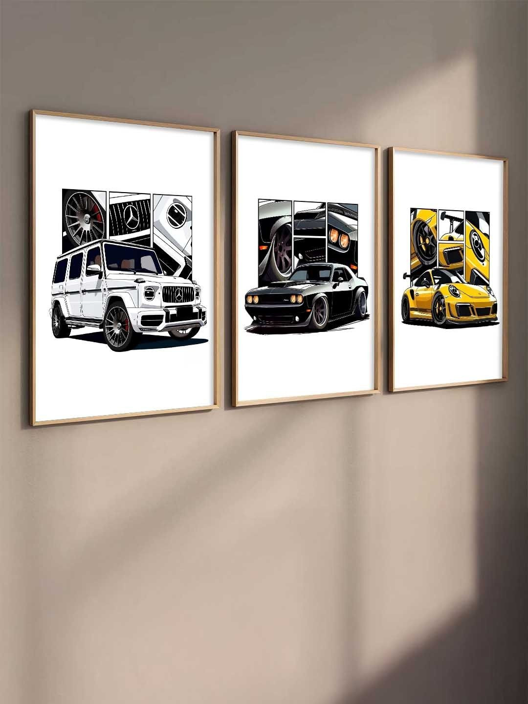 WALLLANE White And Black 3 Pieces Wooden Sports Car Framed Wall Photographs