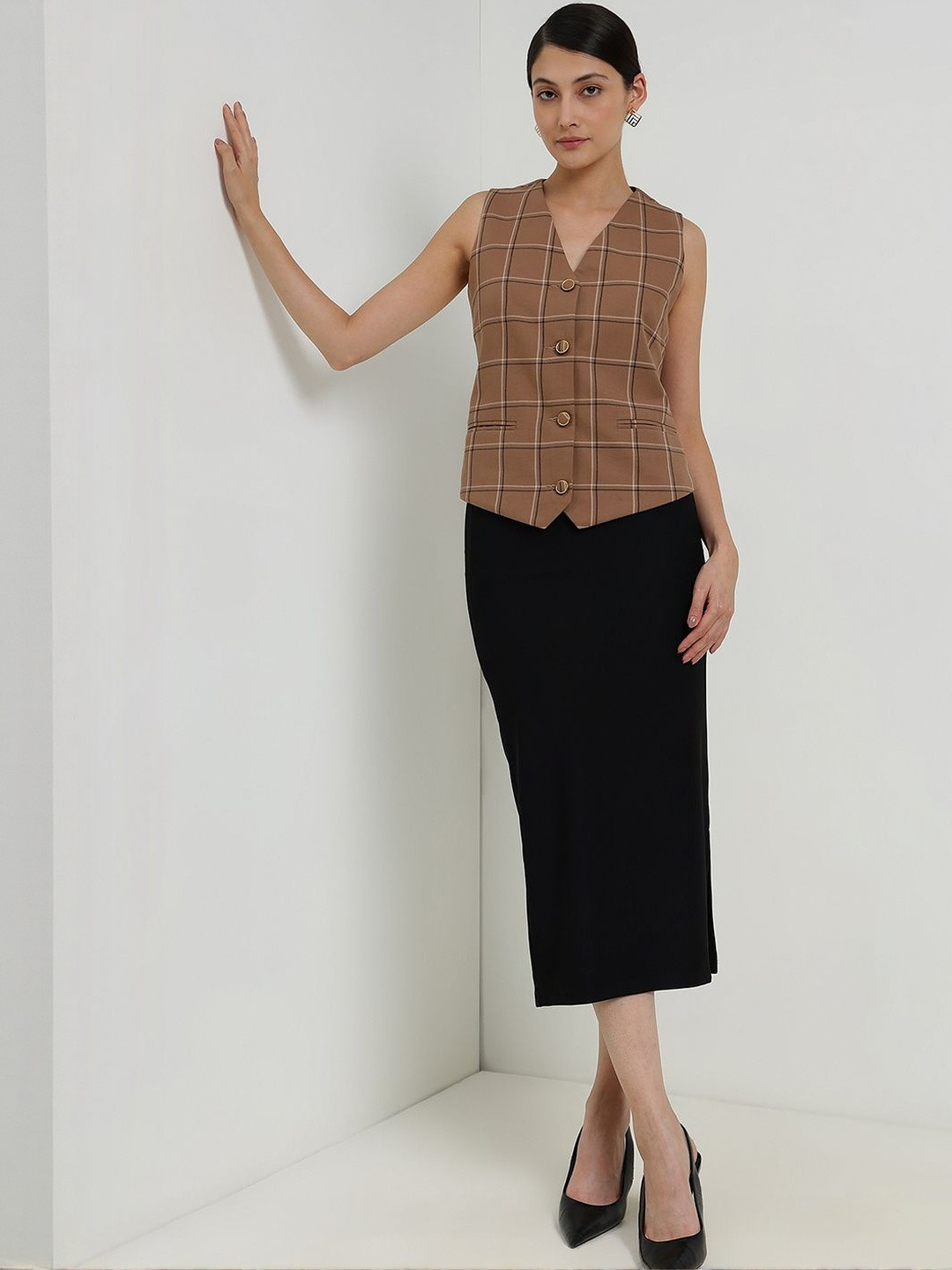 FableStreet Women Checked Cotton Plaid Waistcoat Vest Top