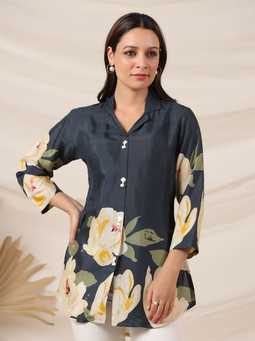 Kaftanize Women Peacock Blue Bold Floral Top in Russian Silk Tunic