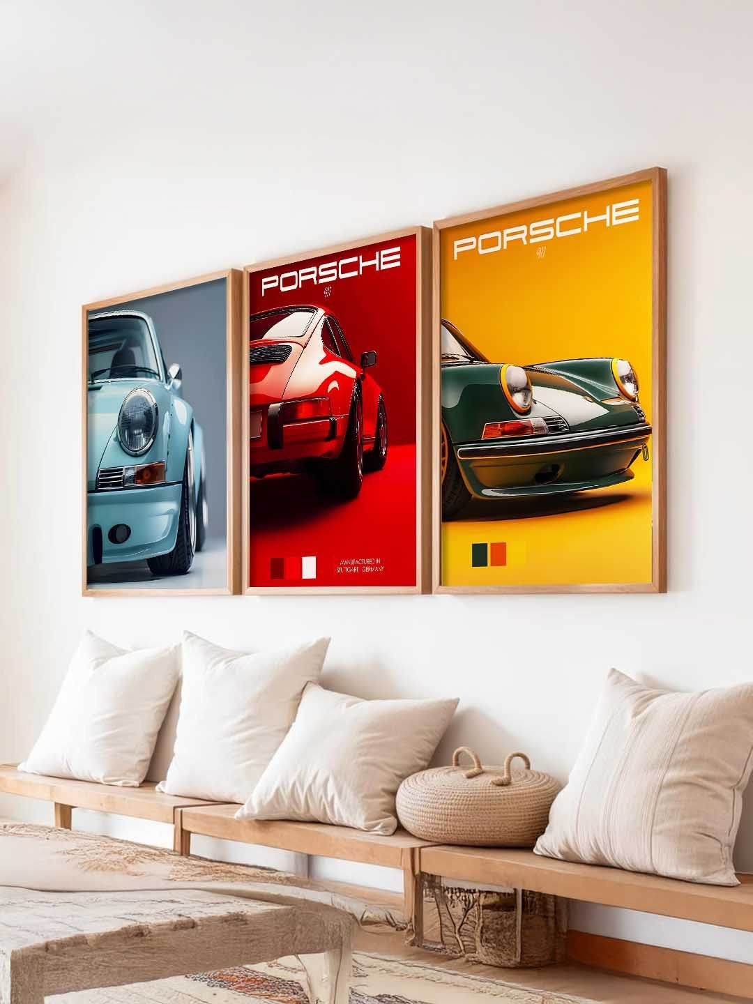 WALLLANE Red And Yellow 3 Pieces Wooden Sports Car Framed Wall Photographs