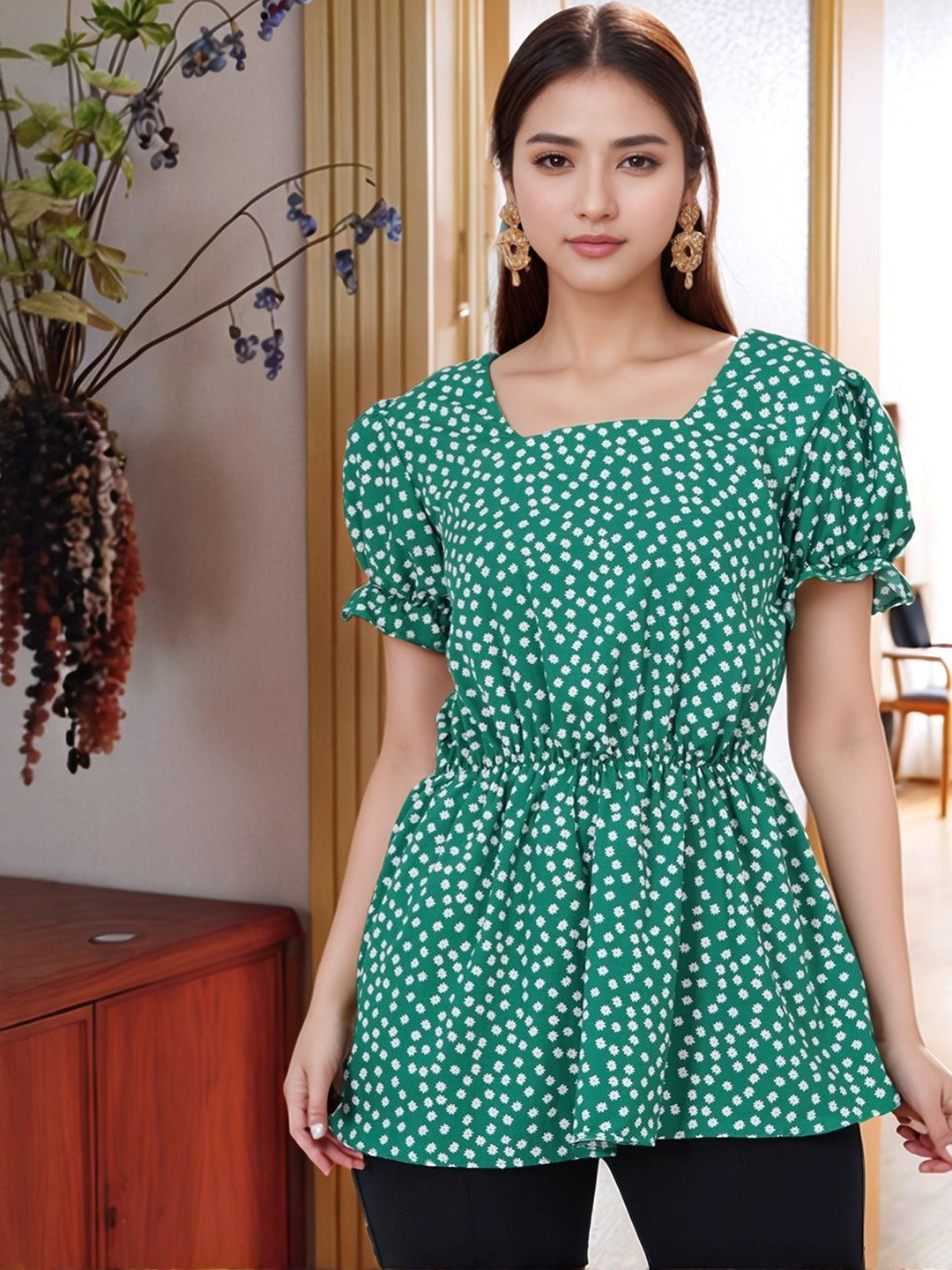 Tulip Eden Women Floral Printed Puff Sleeve Smocked Peplum Top