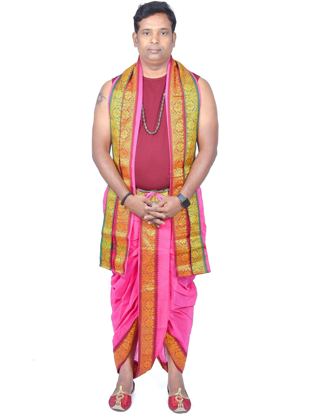 TUNI MANI Men Woven Design Border Cotton Dhoti