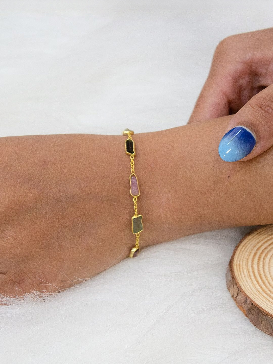 Ontique Women 925 Sterling Silver Gold-Plated Unfinished Stone Studded Link Bracelet